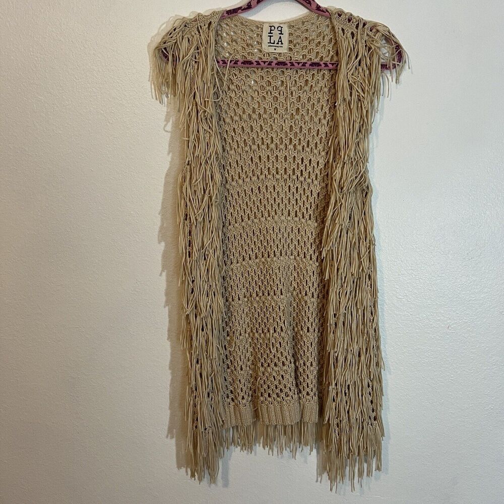 PPLA Flounder Fringe Vest Tan Shaggy Bohemian Open Front Size M Hippie Macrame